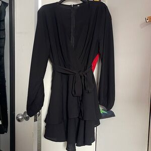 Black, long-sleeve, wrap top, layered flouncy bottom dress - size 2XL